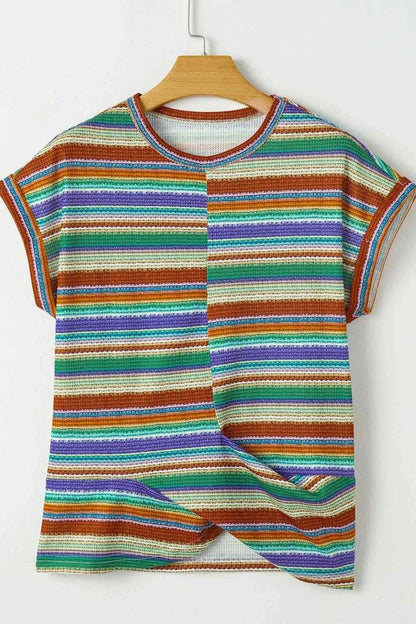 Multicolour Striped Twist Hem Cap Sleeve Top