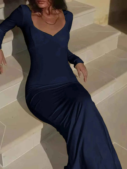 Deep-V Long Sleeve Slim Maxi Dress