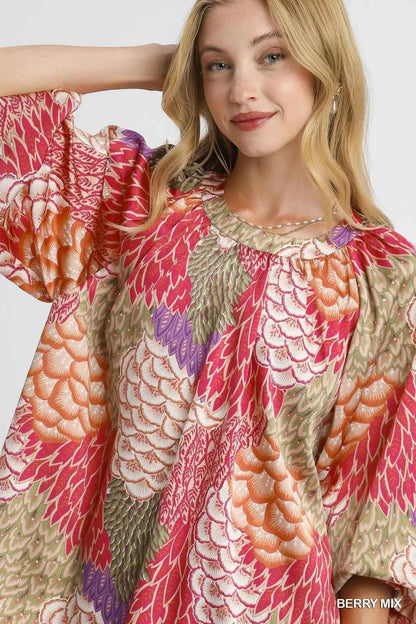 Umgee Boho Feather Print Peasant Blouse