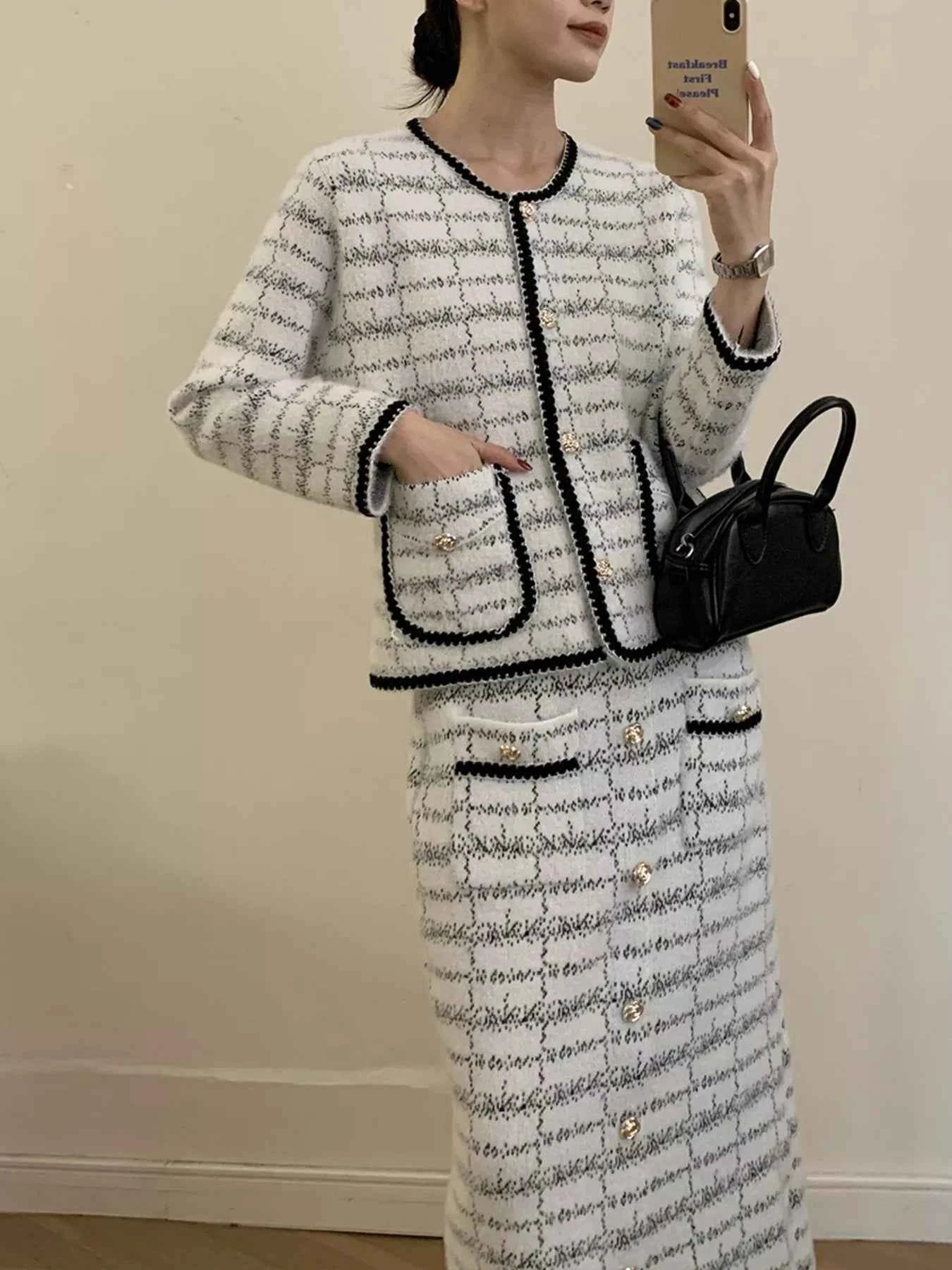 Tweed Contrast Trim Jacket and Skirt Set