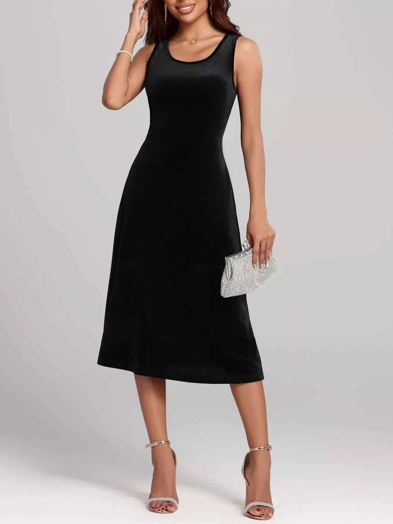 Round Neck Sleeveless Velvet A-Line Midi Dress