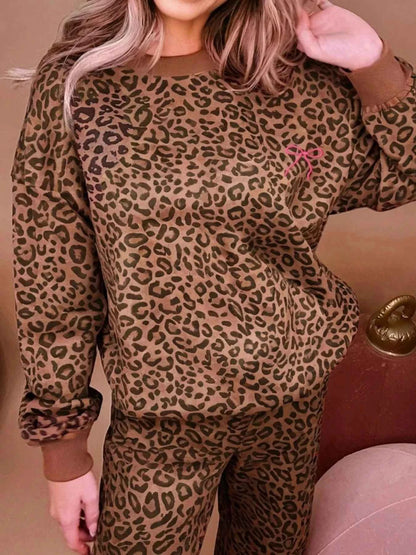 Leopard Print Contrast Trim Long Sleeve Top and Pants Set