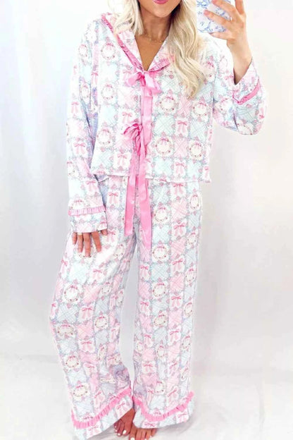 Wreath Pattern Christmas Tied Front Long Sleeve 2pcs Pajama Set