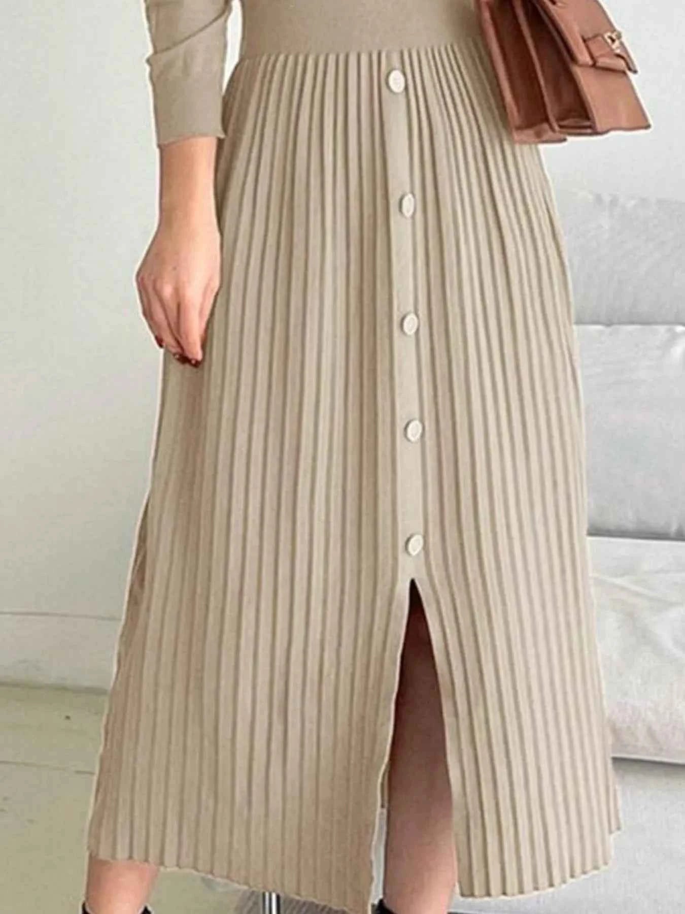 Slit Front Mock Neck Long Sleeve Knit Dress