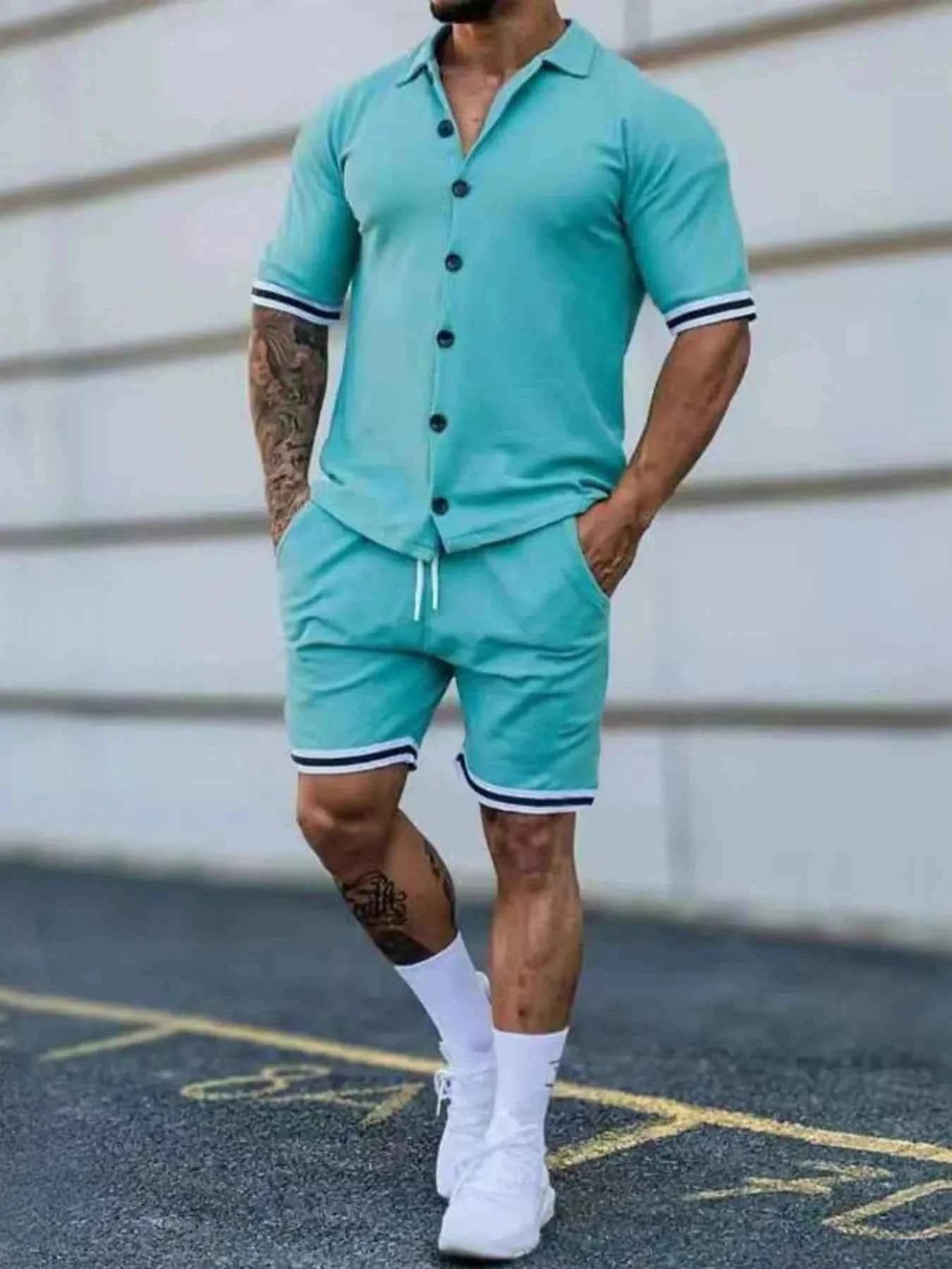 Men's Full Size Striped Hem Button Up Top and Shorts Set Plus Size