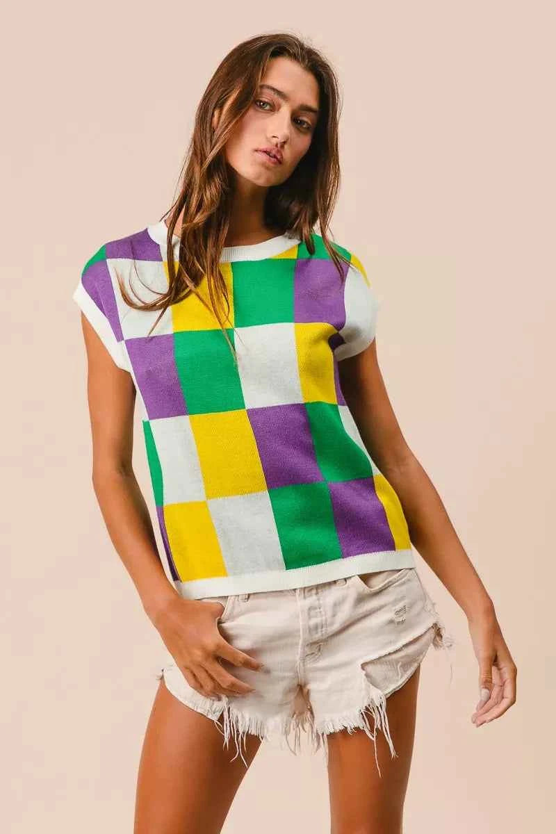 BiBi Mardi Gras Checker Pattern Sleeveless Sweater Top