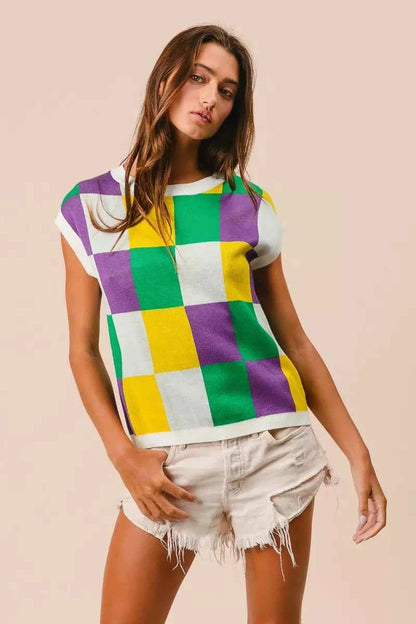 BiBi Mardi Gras Checker Pattern Sleeveless Sweater Top