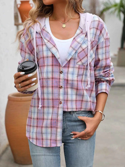 Plaid Button-Up Hooded Shirt with Chest Pocket