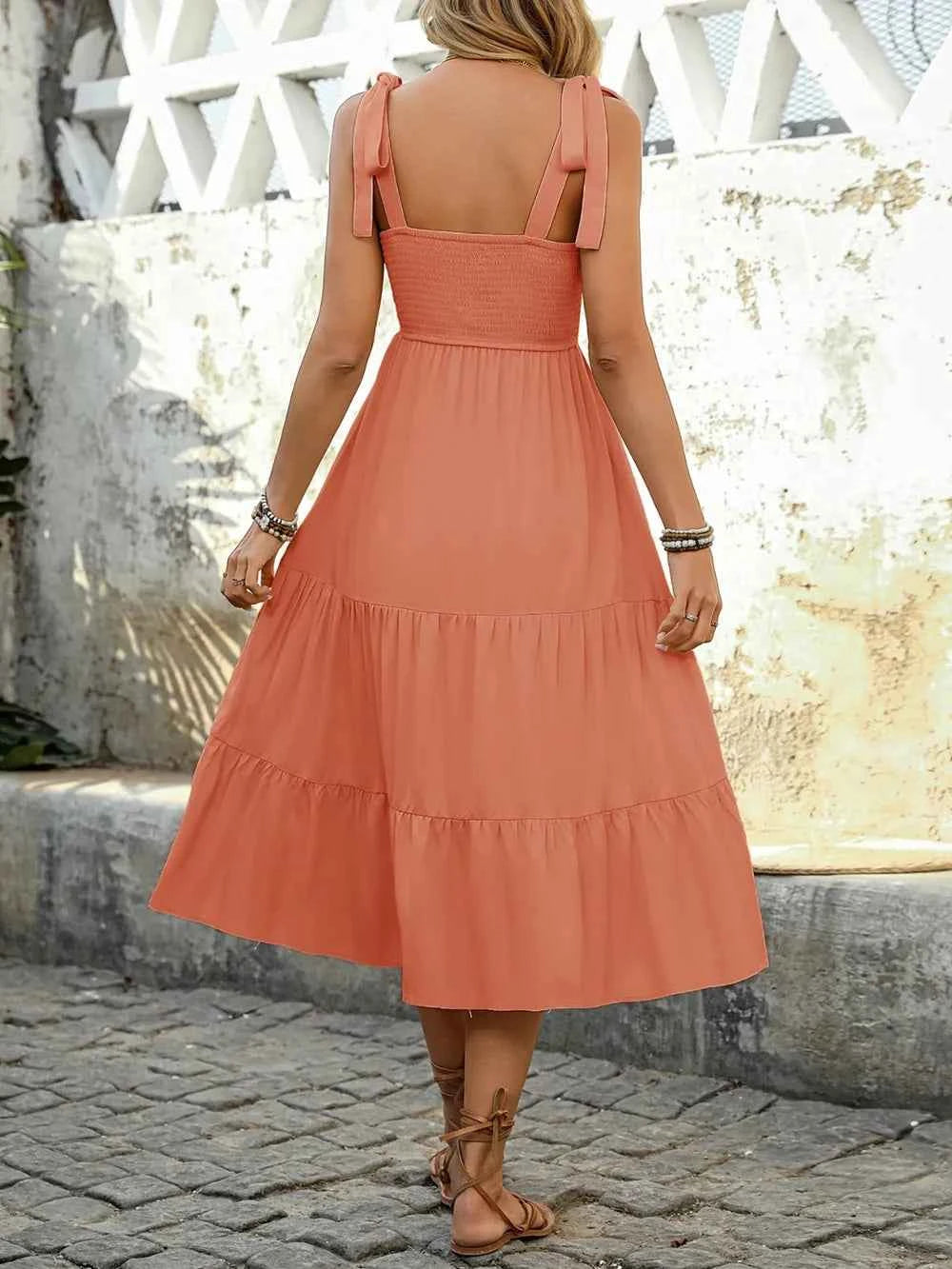 Tie Shoulder Square Neck Tiered Midi Dress