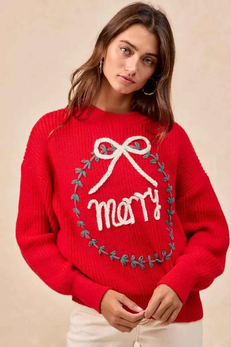 BiBi Christmas Wreath Merry Letter Knit Top