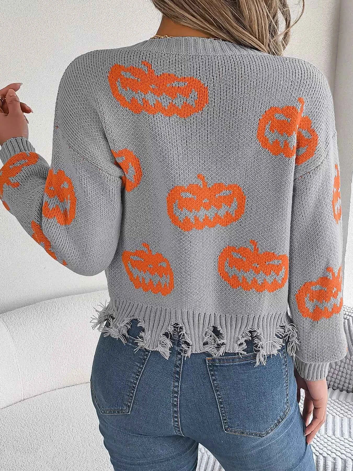 Halloween Pumpkin Pattern Raw Hem V-Neck Sweater