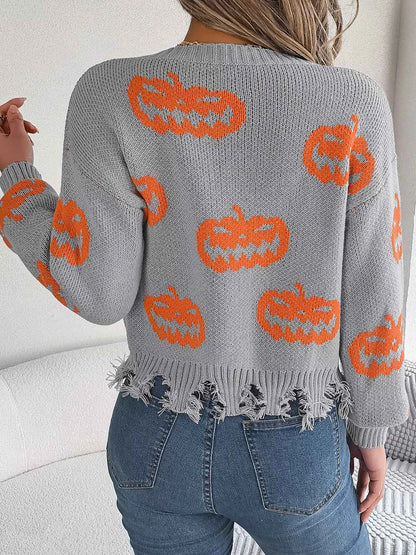 Halloween Pumpkin Pattern Raw Hem V-Neck Sweater