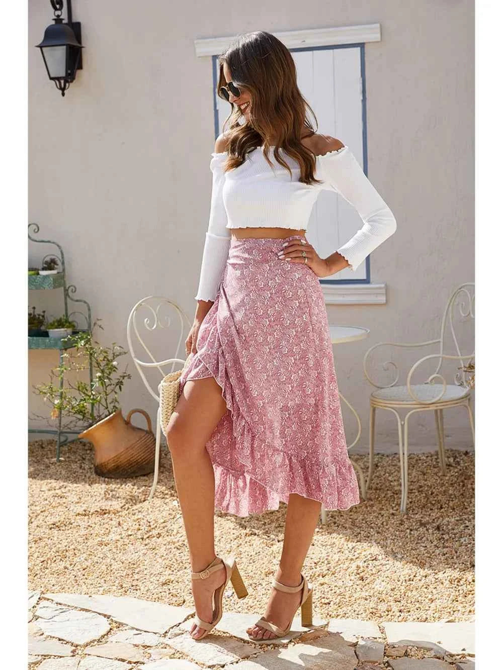 Printed Ruffled Midi Skirt