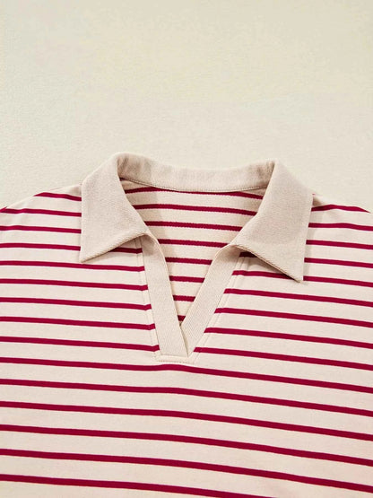 tripe Cropped Collared Drop Shoulder Pullover and Bubble Mini Skirt Set