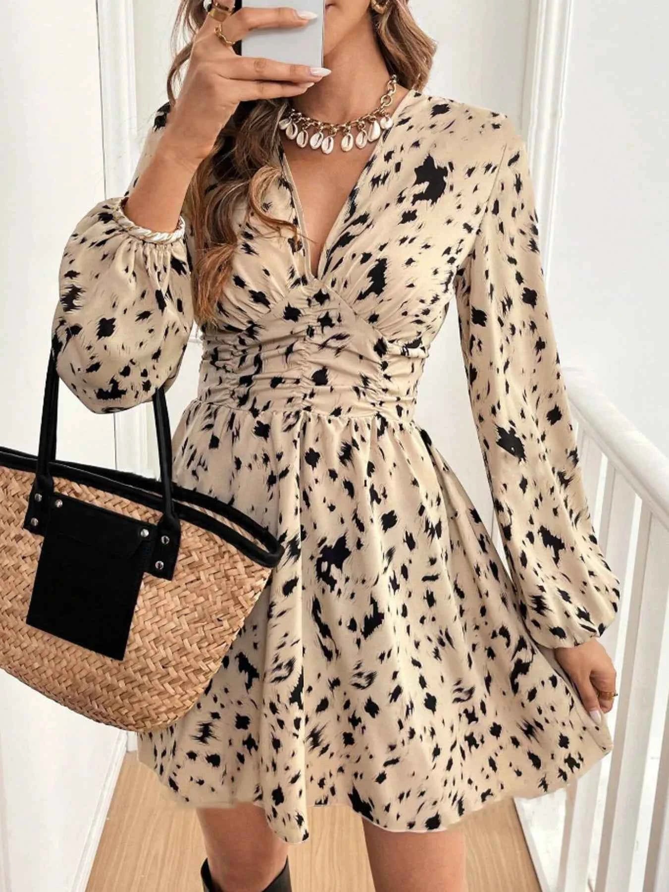 Printed Balloon Sleeve Mini Dress