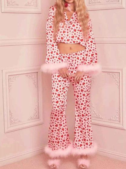Heart Print Long Sleeve Top and Pants Lounge Set
