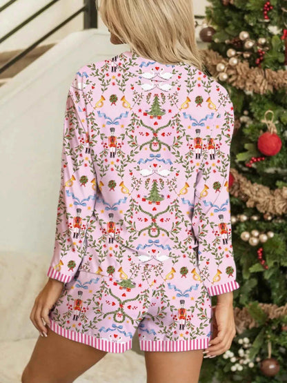 Christmas Holiday Print Nutcracker Long Sleeve Shorts 2pcs Pajama Set