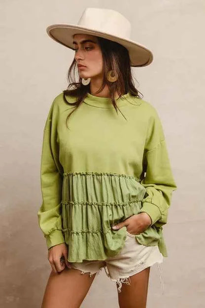 BiBi French Terry and Woven Mixed Tiered Top