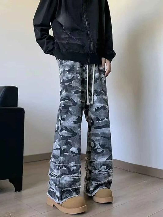 Men's Full Size Raw Hem Camo Wide Leg Jeans Plus Size