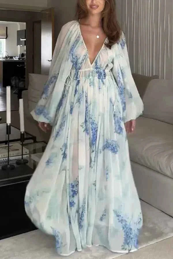Floral Print Bohemian Maxi Dress with Balloon Sleeves