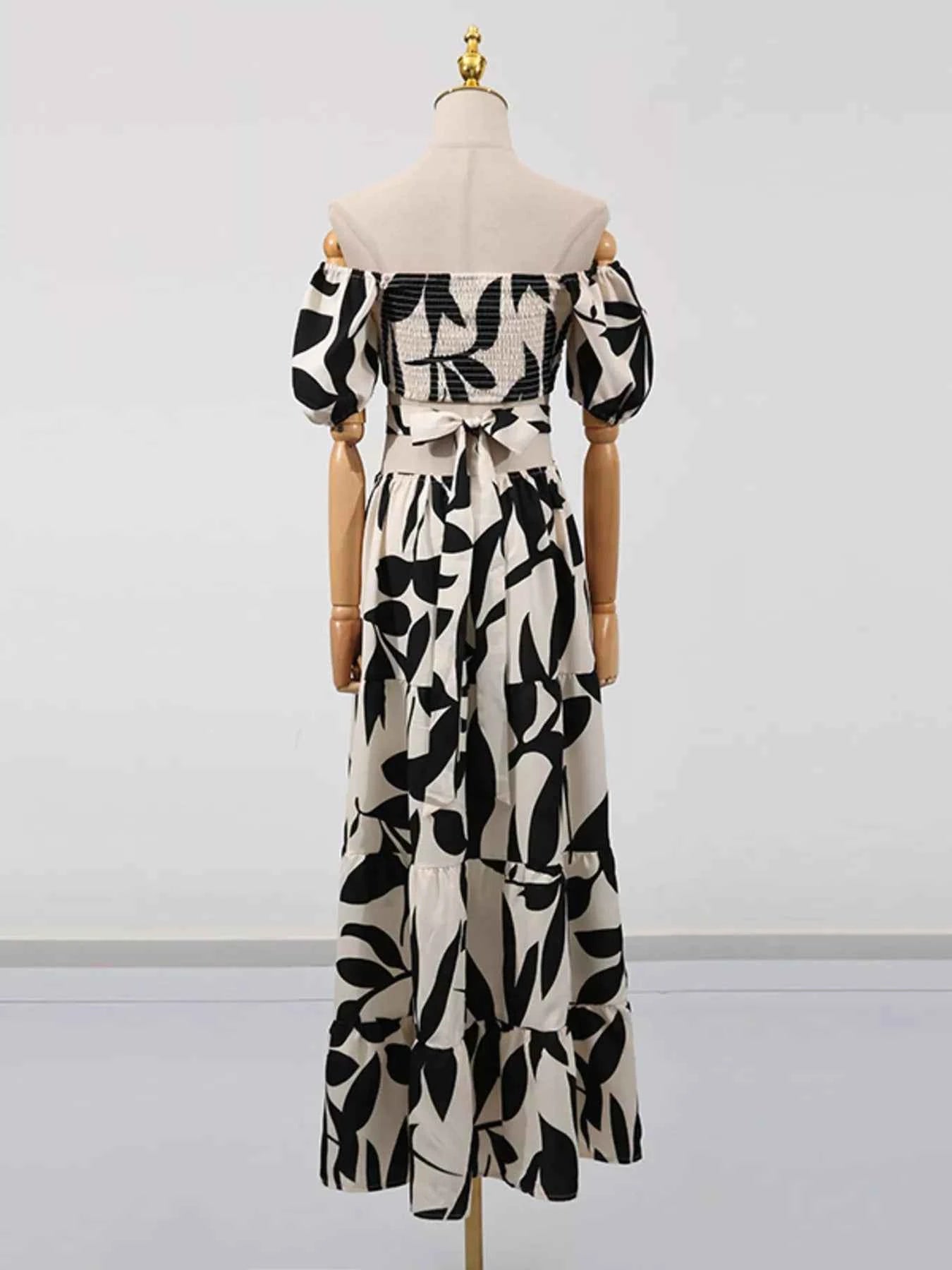 Off-Shoulder Cutout Leaf Print Maxi Dress