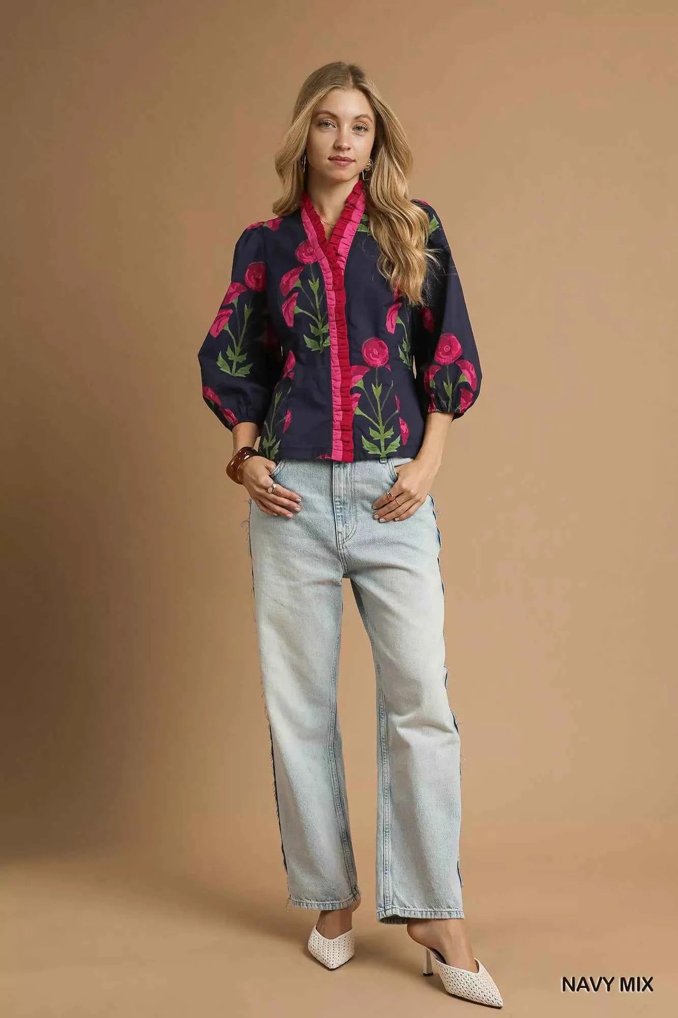 Umgee Floral Print Ruffle Trim Puff Sleeve Blouse