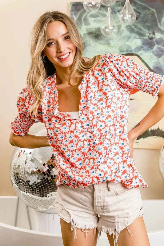 BiBi Floral Jqd Smoked Puff Sleeves V Neck Top