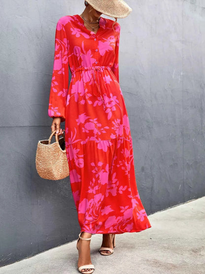 Floral Drawstring Waist Long Sleeve Maxi Dress