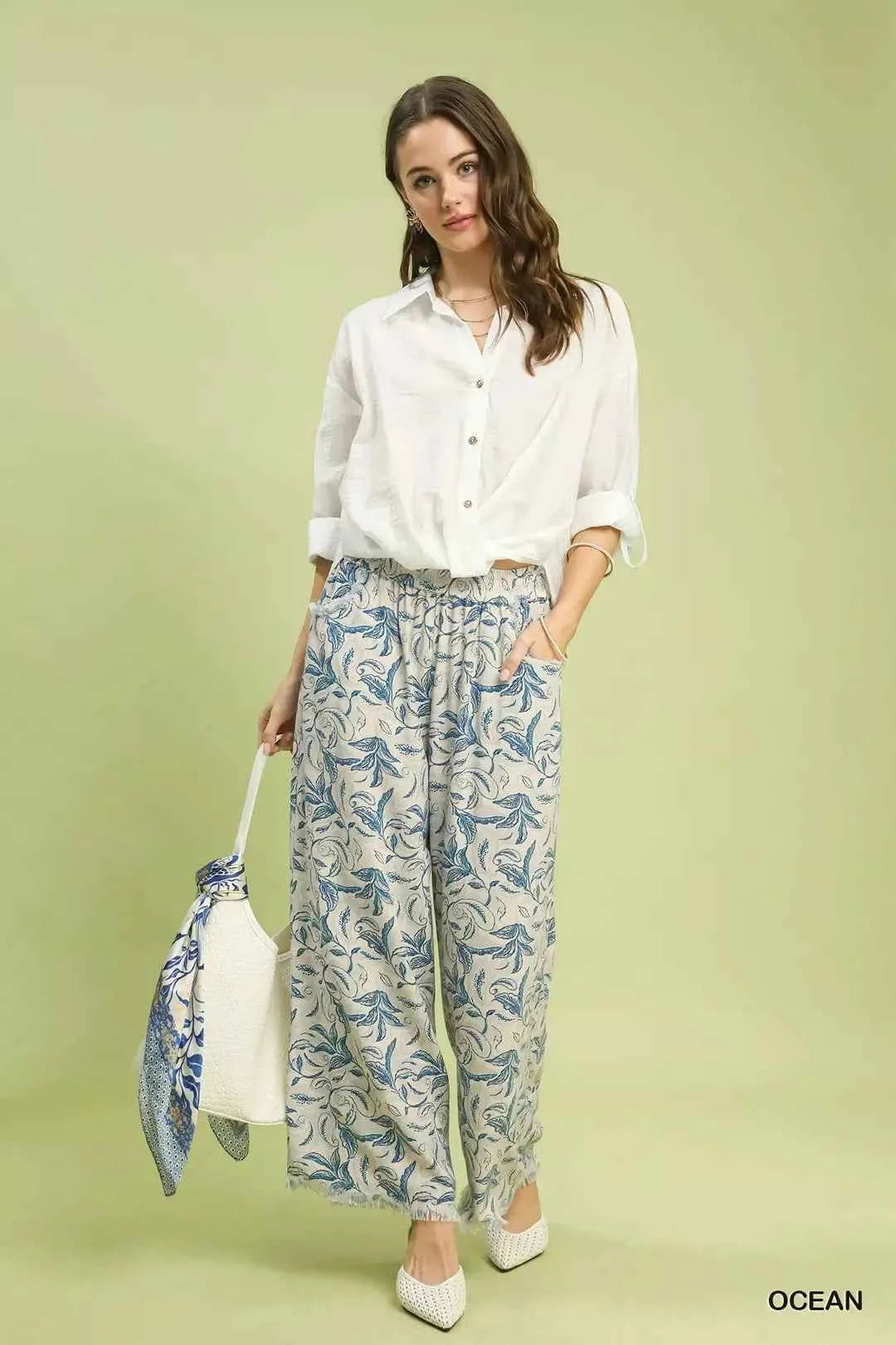 Umgee Linen Printed Wide Leg Raw Hem Pants