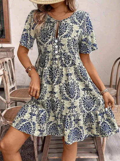 Printed Tie Neck Short Sleeve Dress
