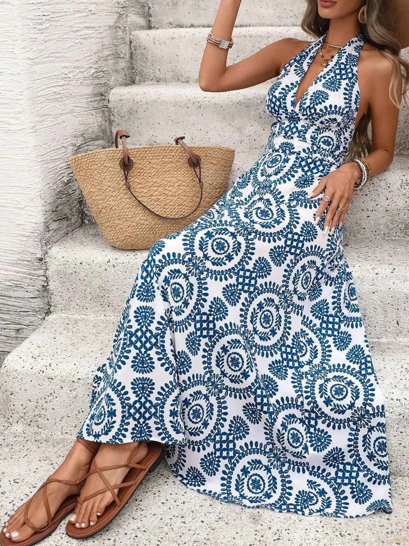 Printed Halter Neck Maxi Dress