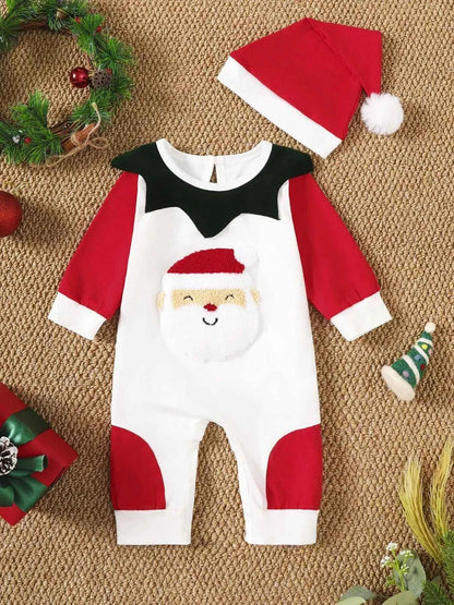 Children's 2-Piece Christmas-Themed Set with Jumpsuit and Santa Claus Hat