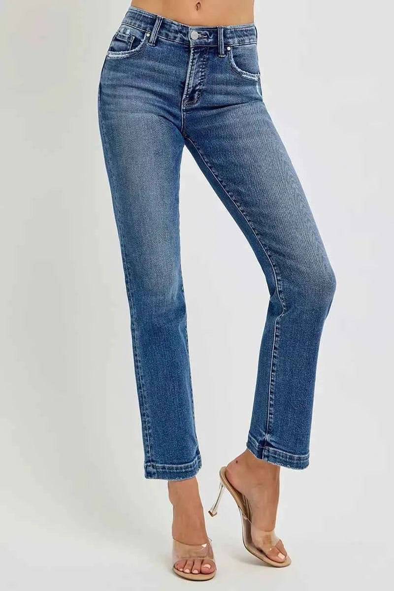 RISEN Full Size Tummy Control Elastic Band Mid Rise Straight Jeans Plus Size
