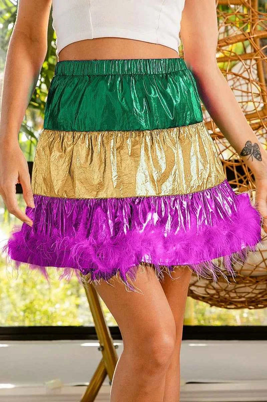 BiBi Faux Feather Hem Mardi Gras Metalic Mini Skirt