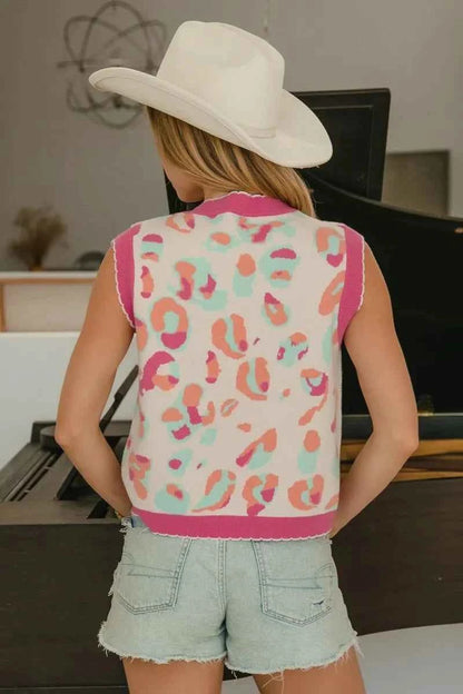BiBi Leopard Sweater Vest With Front Tie and Scallop Detail