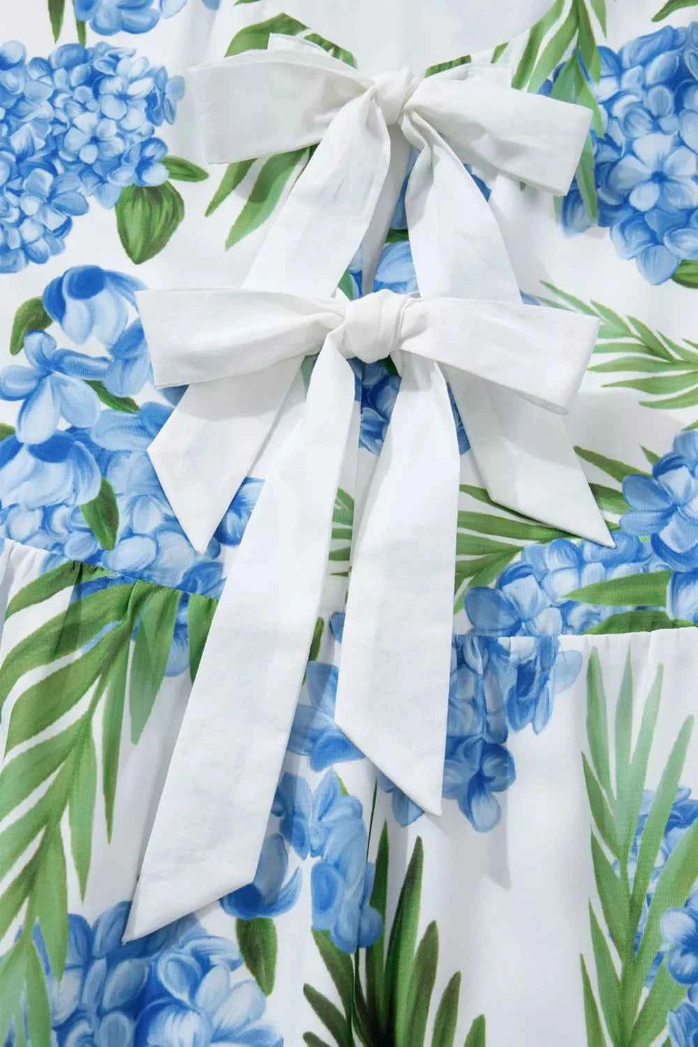 Palm Floral Print Contrast Ribbon Knot Ruffle Tiered Sleeve Mini Dress