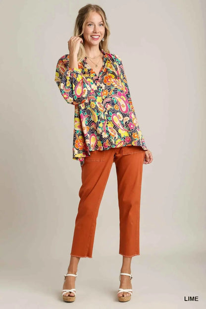Umgee Full Size Satin Paisley Ruffle Neck Button-Up Shirt Plus Size