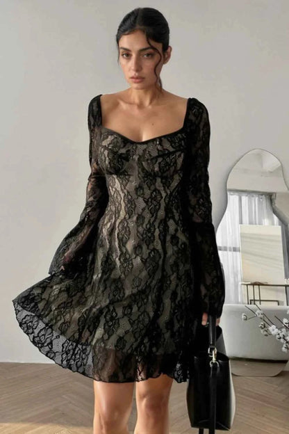 Lace Sweetheart Neck Flare Sleeve Mini Dress