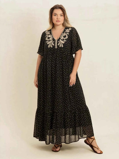 Plus Size Printed V-Neck Flutter Sleeve Maxi Dress