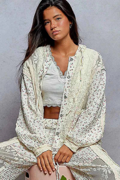 POL Floral Balloon Sleeve Hooded Lace Jacket with Stitch Detail