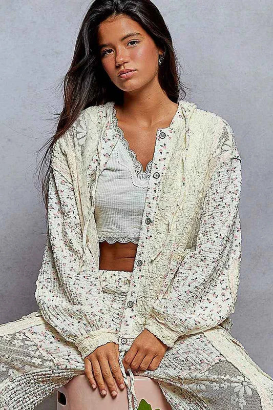 POL Floral Balloon Sleeve Hooded Lace Jacket with Stitch Detail