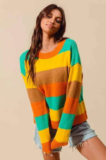 SO ME Multi Color Stripe Sweater with Ribbed Detail