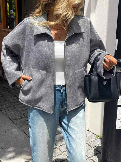 Oversized Collared Neck Zip-Up Jacket