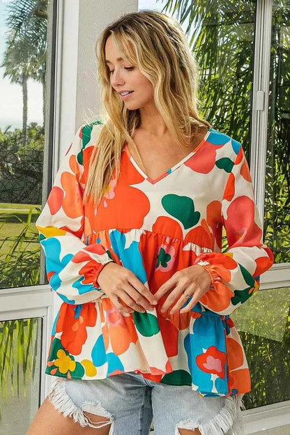 BiBi Floral Woven Tiered V Neck Top