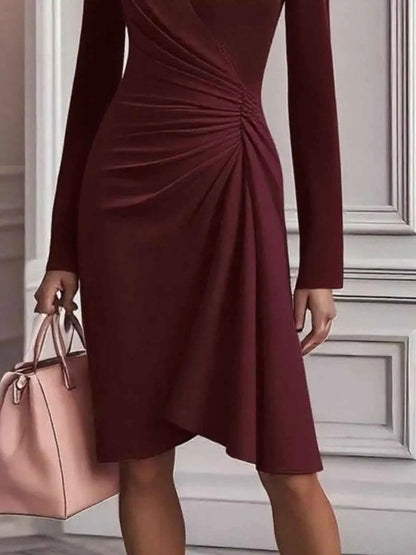 Front Ruched V-Neck Long Sleeve Dress