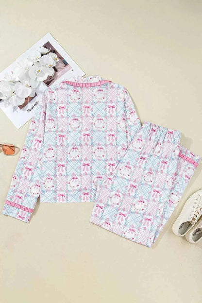 Wreath Pattern Christmas Tied Front Long Sleeve 2pcs Pajama Set