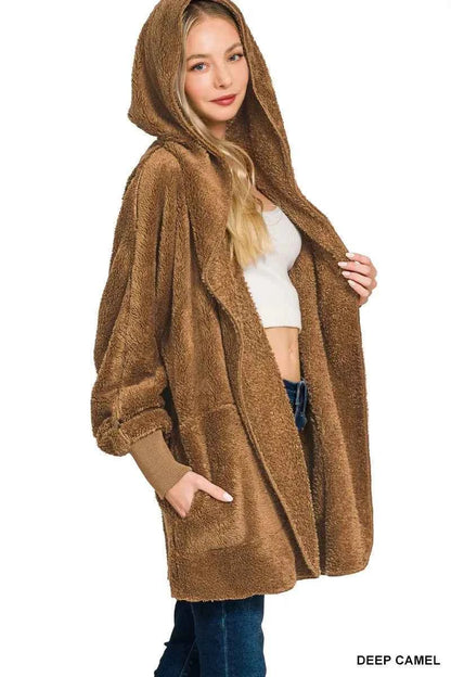 Zenana Hooded Faux Fur Jacket with Pockets