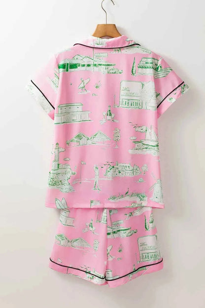 Collared Neck Printed Top and Drawstring Shorts Lounge Set