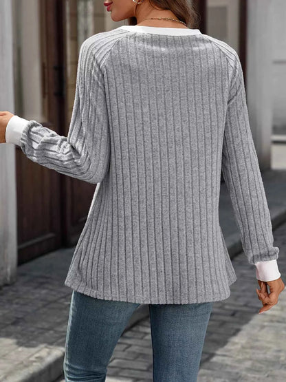 Ribbed Round Neck Raglan Sleeve Knit Top