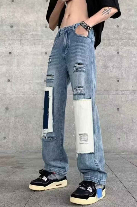 Men's Ripped Patchwork Wide Leg Jeans